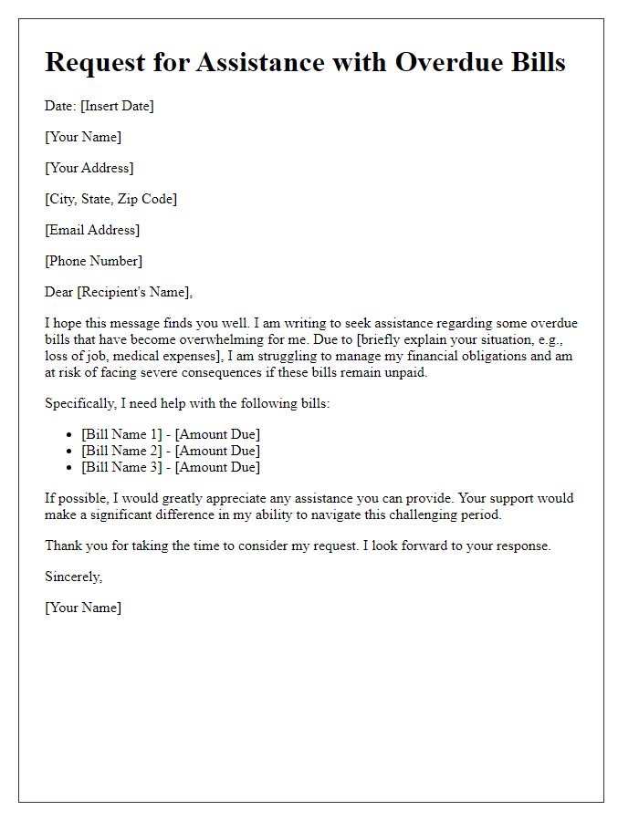 Letter template of request for help with overdue bills