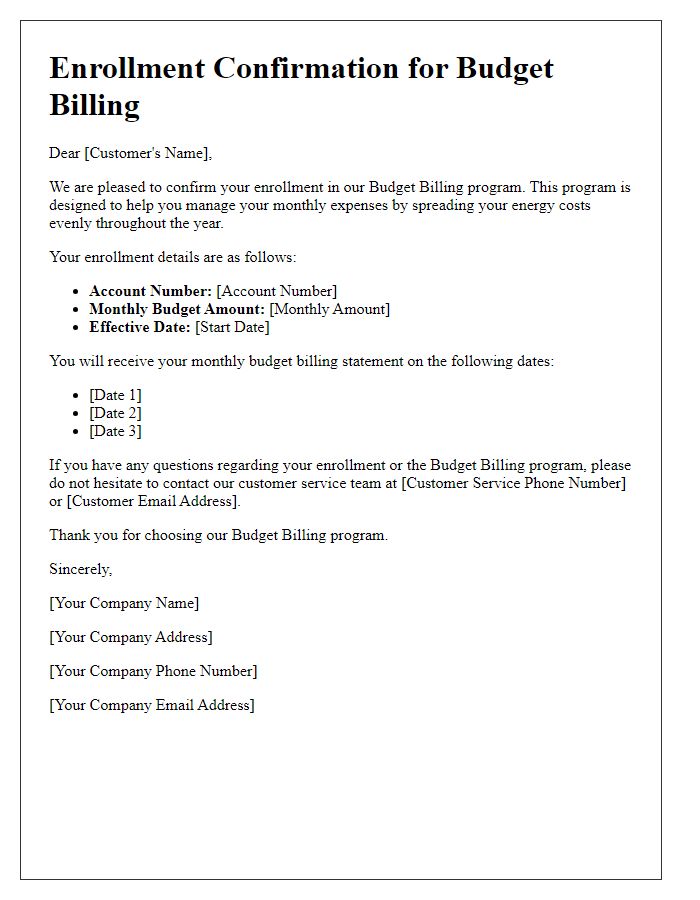 Letter template of Enrollment Confirmation for Budget Billing