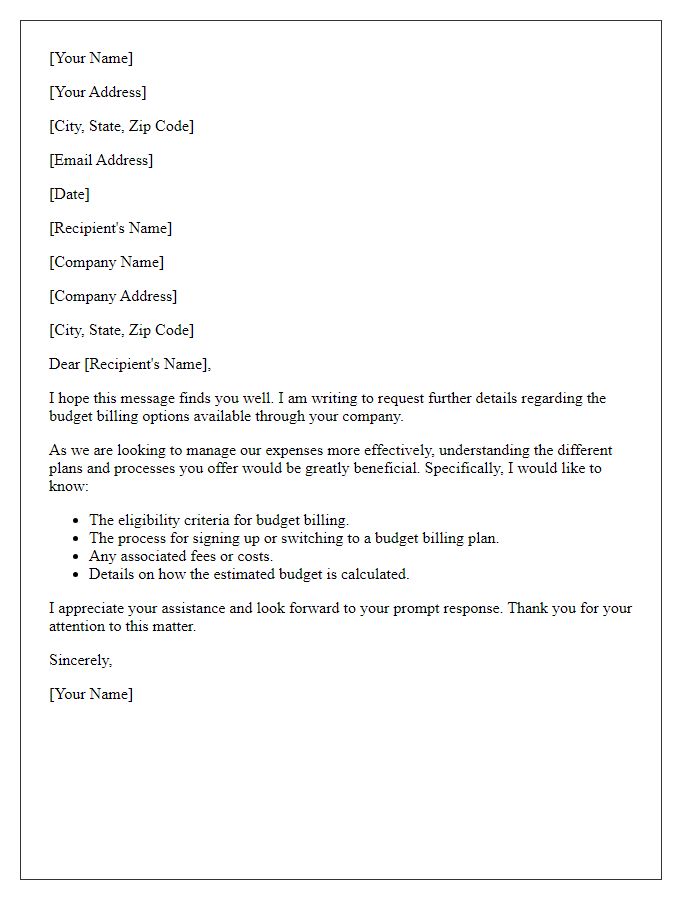 Letter template of Request for Details on Budget Billing Options
