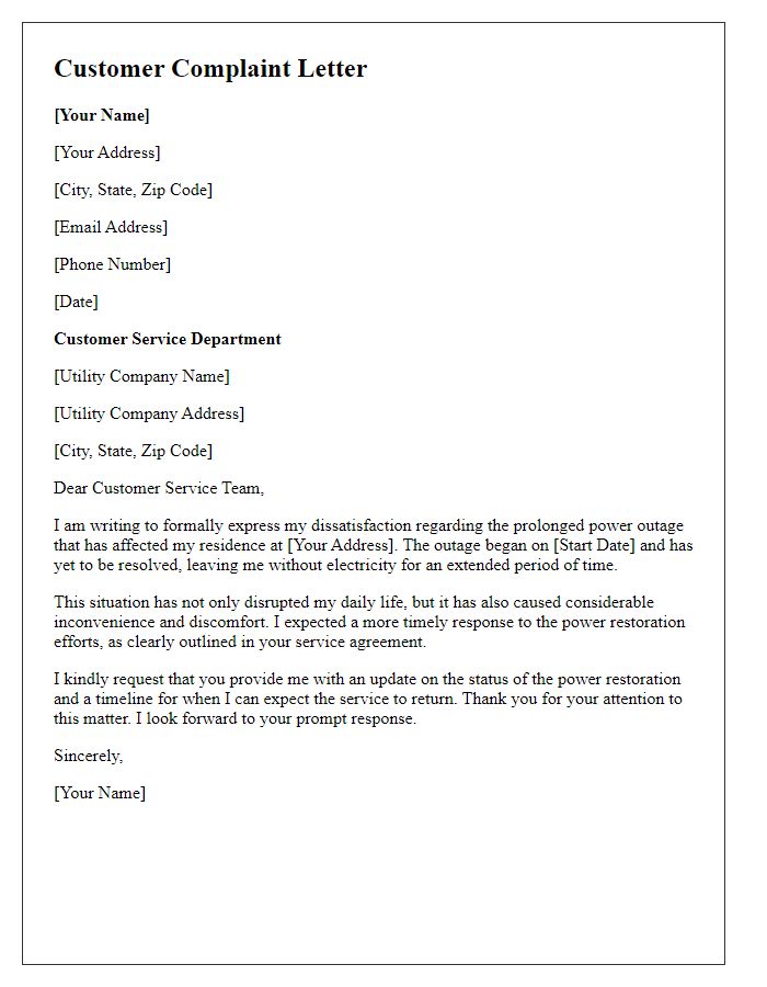 Letter template of customer complaint regarding prolonged power outage