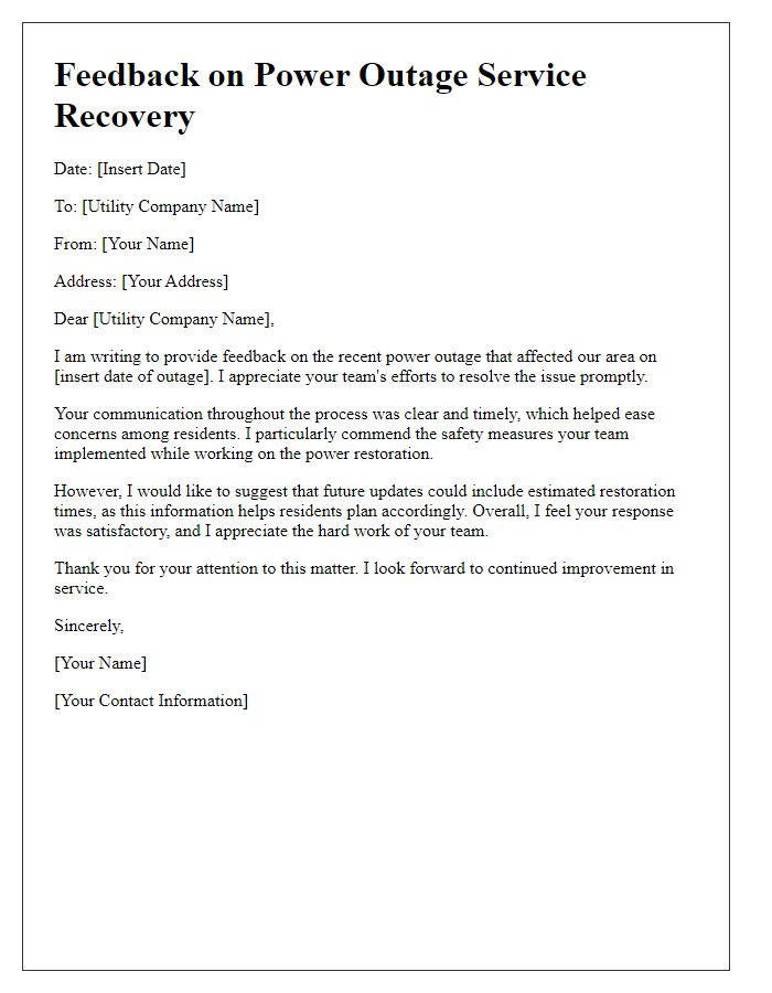 Letter template of feedback on power outage service recovery