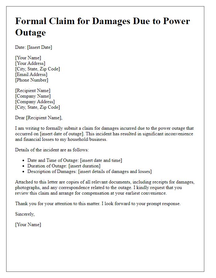 Letter template of formal claim for damages due to power outage