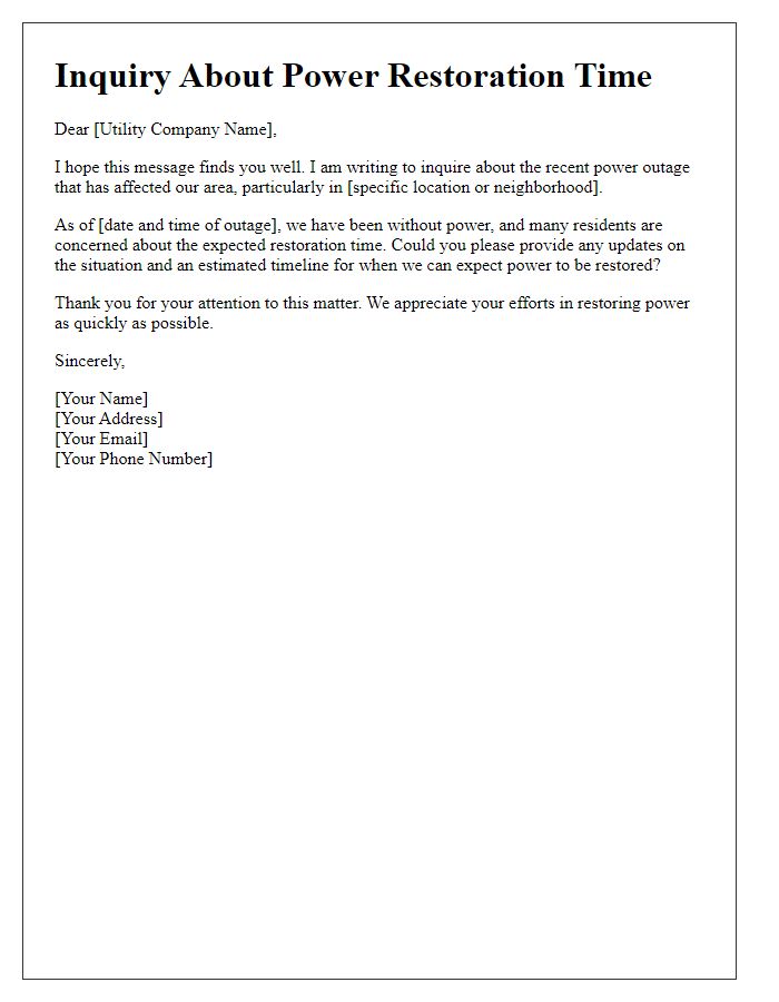 Letter template of inquiry about expected restoration time for power outage