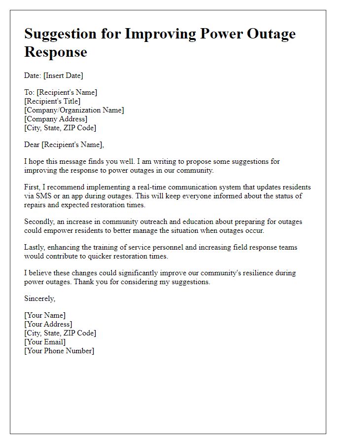 Letter template of suggestion for improving power outage response