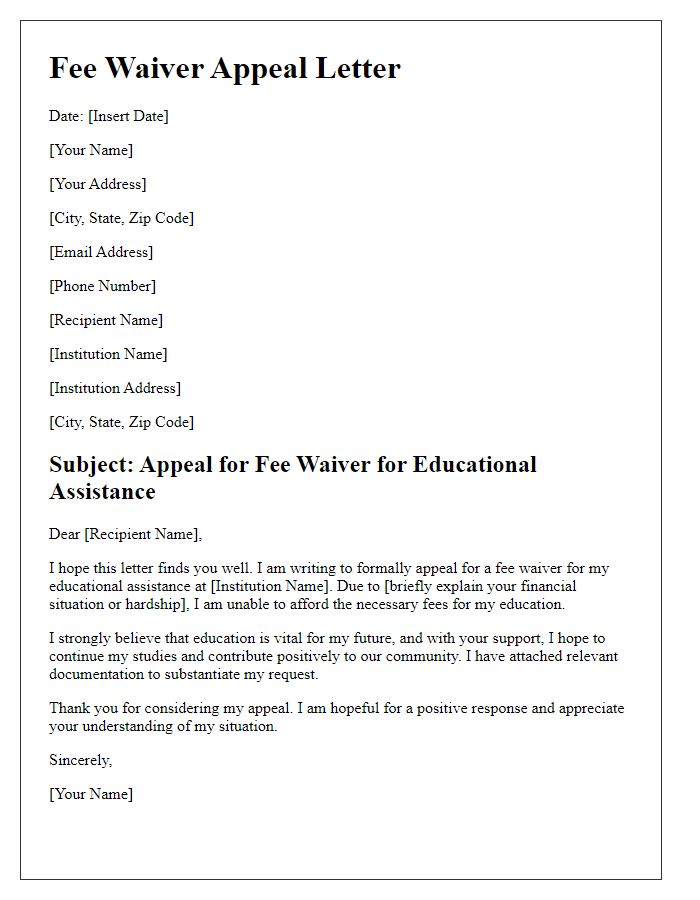 Letter template of appeal for fee waiver for educational assistance.