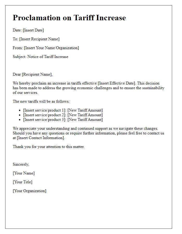 Letter template of proclamation on tariff increase