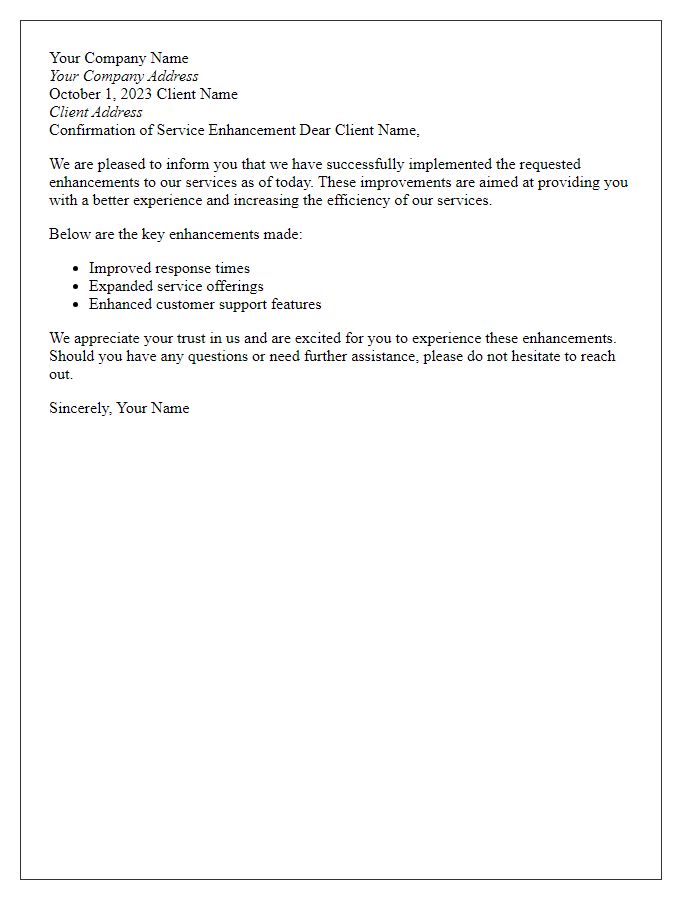 Letter template of confirmation for service enhancement