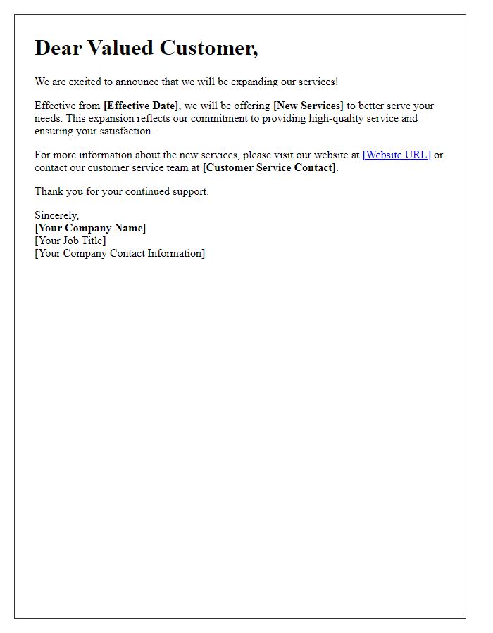 Letter template of notification for service expansion