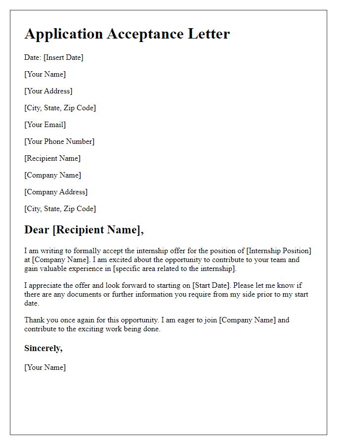 Letter template of job application acceptance for an internship offer