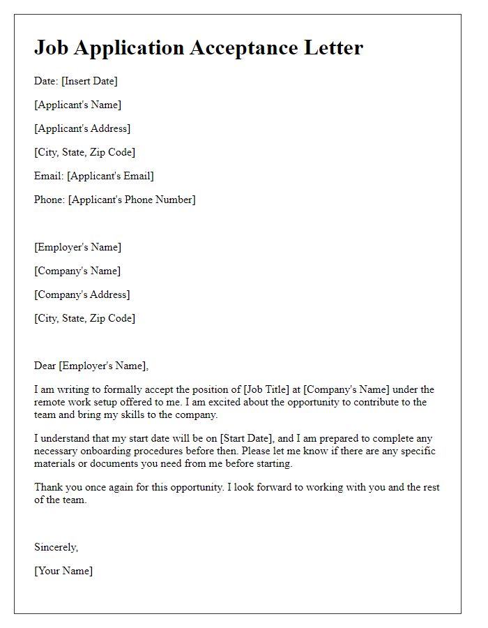 Letter template of job application acceptance for a remote work setup