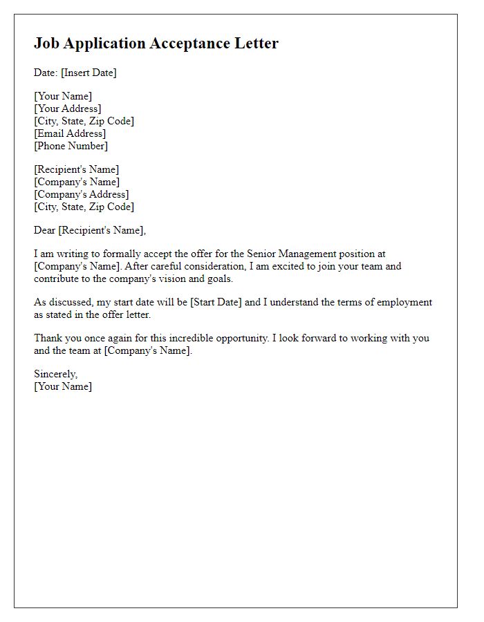 Letter template of job application acceptance for a senior management position