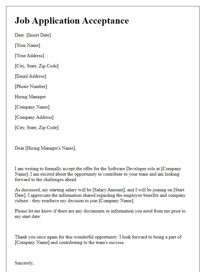 Letter template of job application acceptance for a software developer role