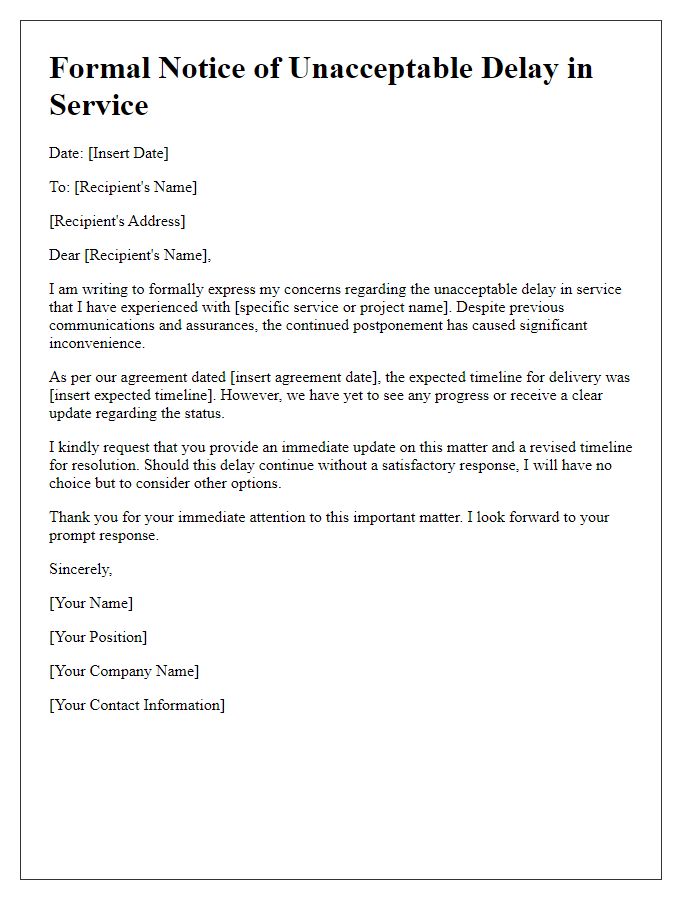 Letter template of formal notice for unacceptable delay in service