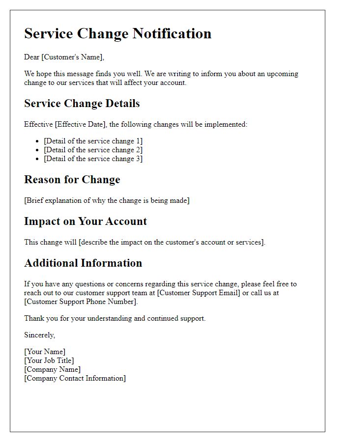 Letter template of Service Change Notification