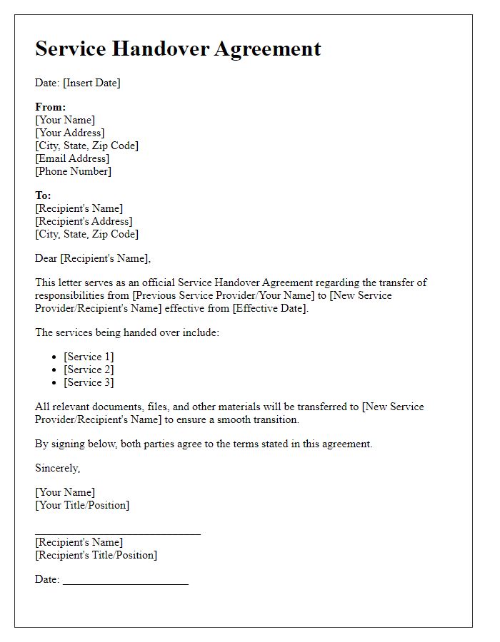 Letter template of Service Handover Agreement