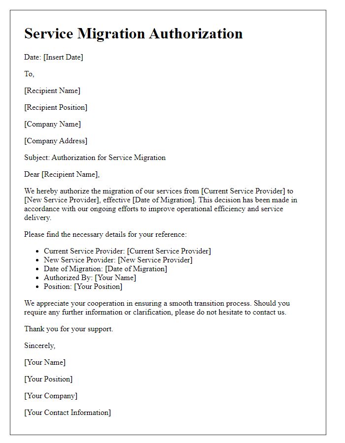 Letter template of Service Migration Authorization