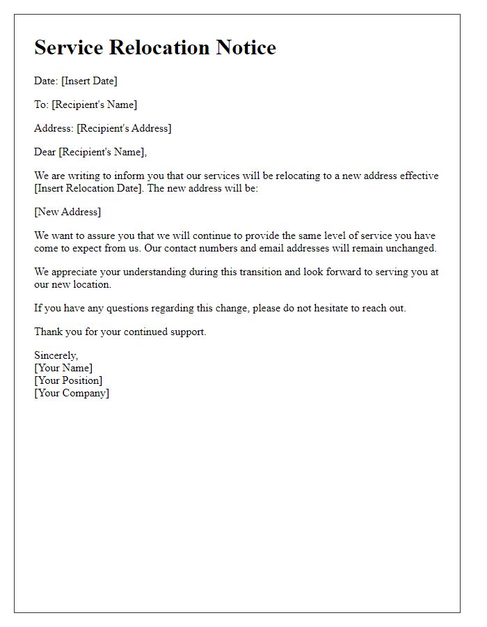 Letter template of Service Relocation Notice