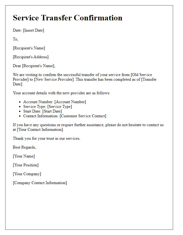 Letter template of Service Transfer Confirmation