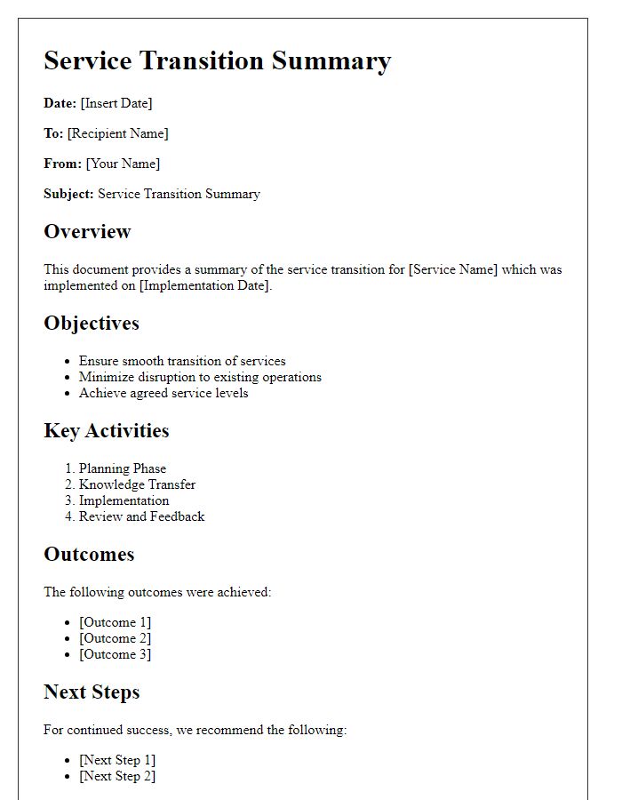 Letter template of Service Transition Summary