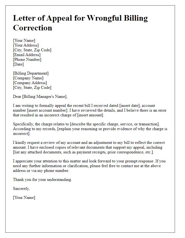 Letter template of appeal for wrongful billing correction.