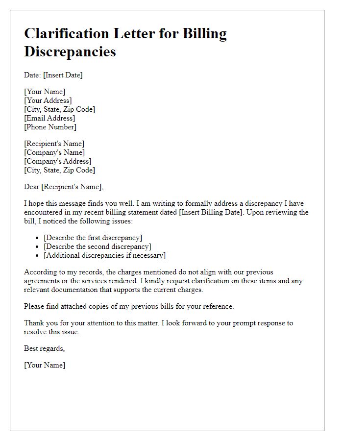 Letter template of clarification letter for billing discrepancies.