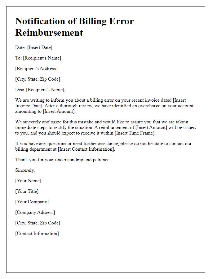 Letter template of notification for billing error reimbursement.