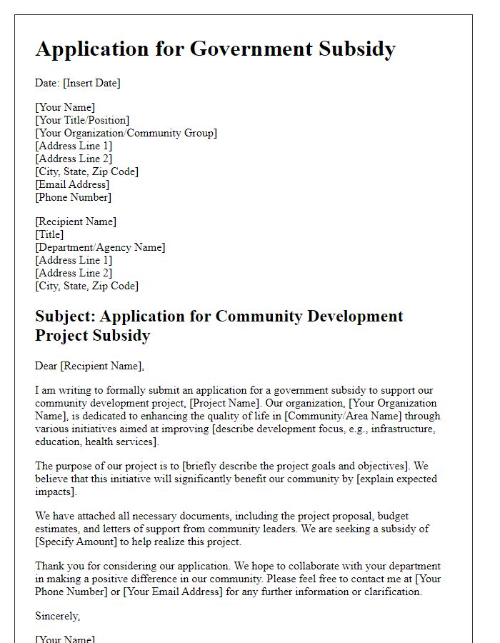 Letter template of government subsidy application for community development projects