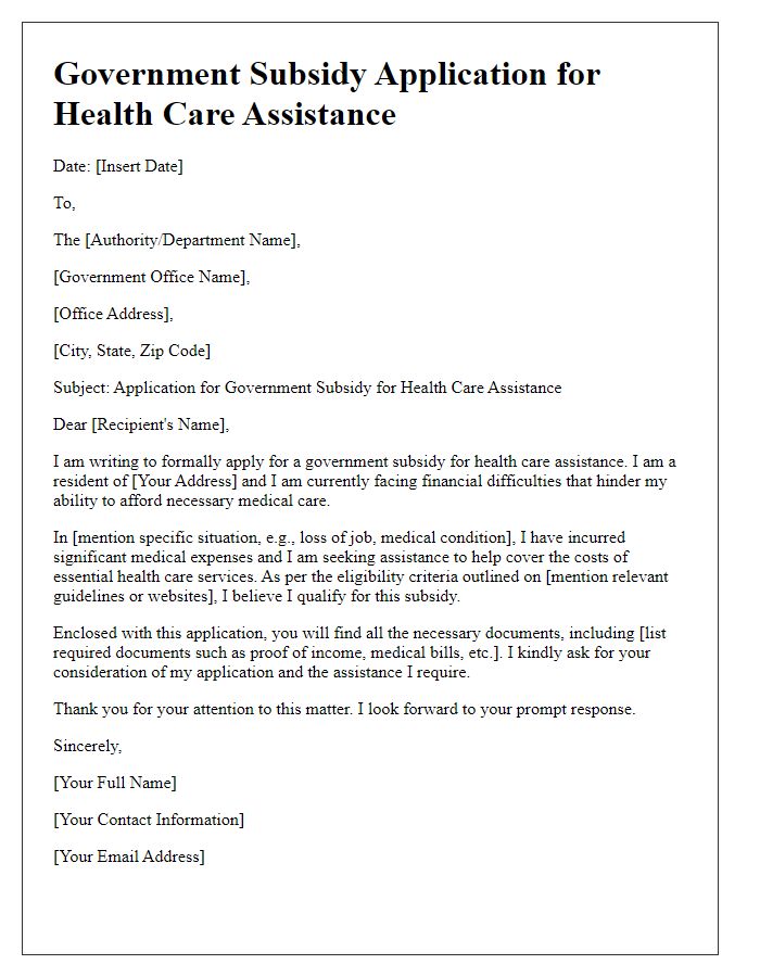 Letter template of government subsidy application for health care assistance