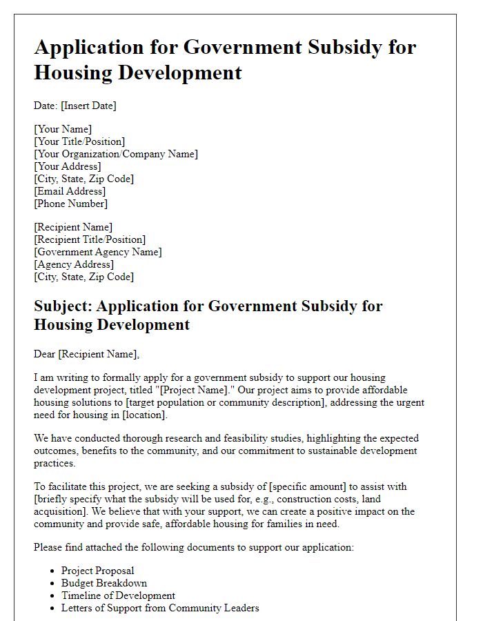 Letter template of government subsidy application for housing development