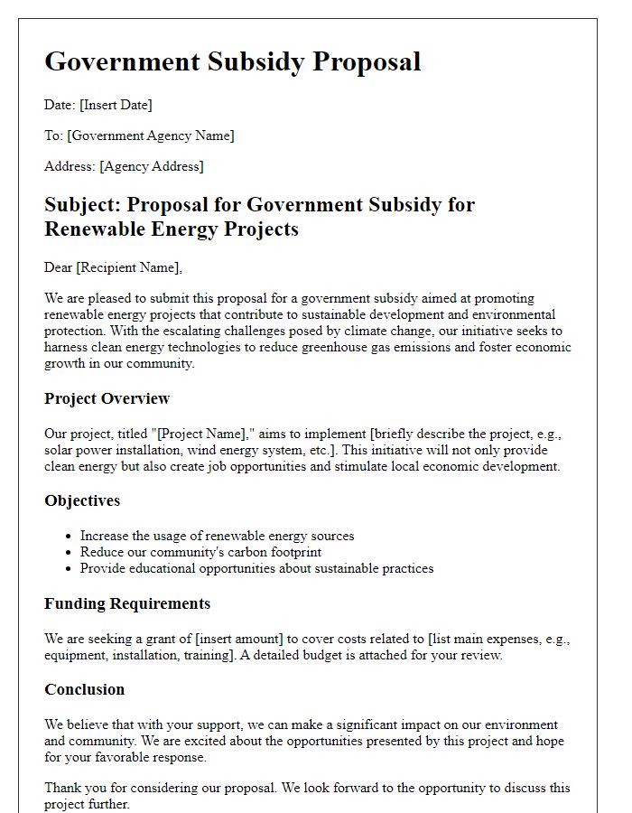 Letter template of government subsidy proposal for renewable energy projects