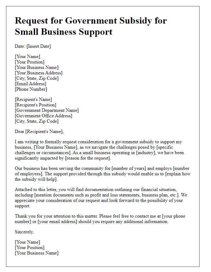 Letter template of government subsidy request for small business support