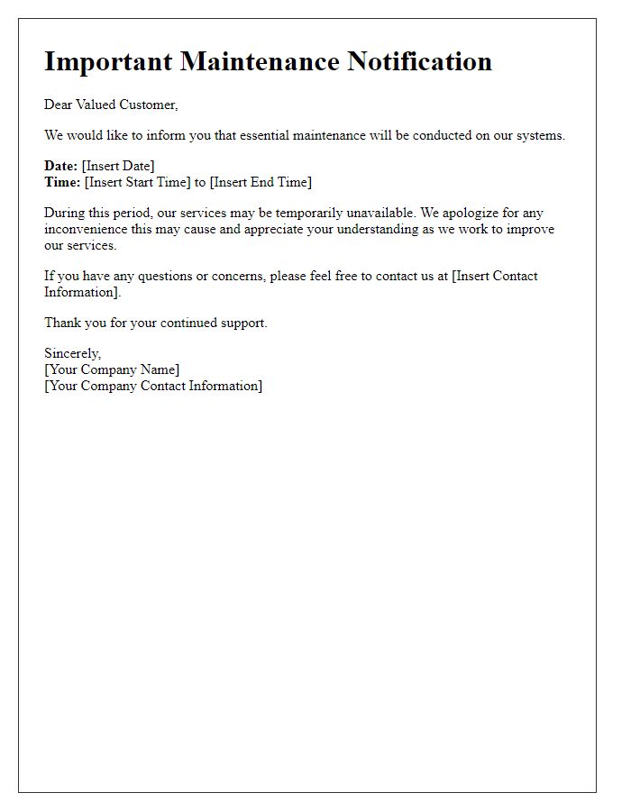 Letter template of essential maintenance alert for customers