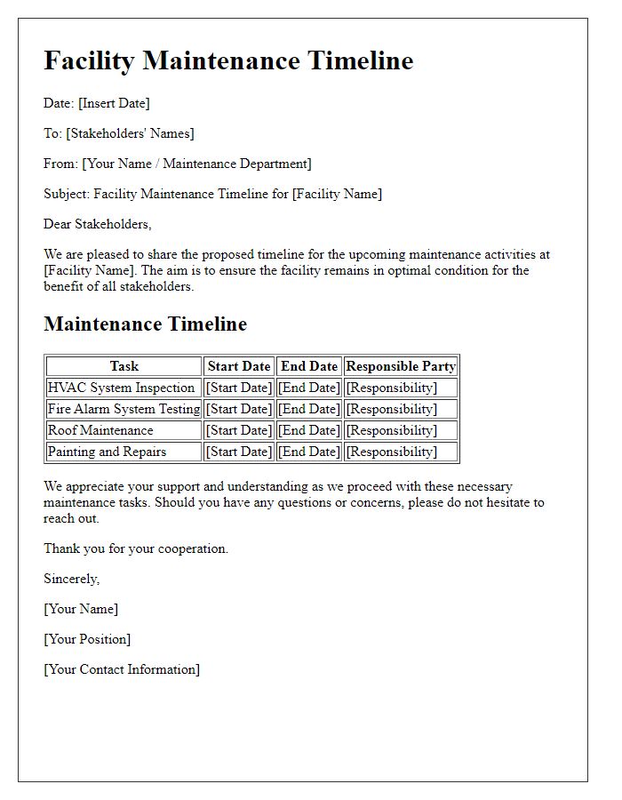 Letter template of facility maintenance timeline for stakeholders