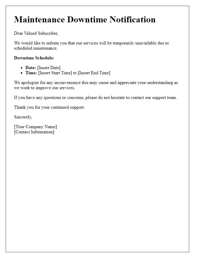 Letter template of maintenance downtime notification for subscribers