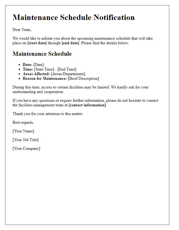 Letter template of maintenance schedule communication for employees