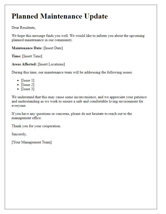 Letter template of planned maintenance update for residents
