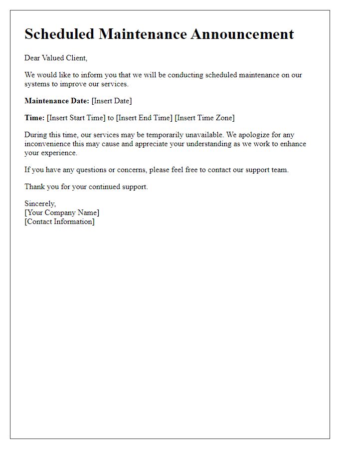 Letter template of scheduled maintenance announcement for clients