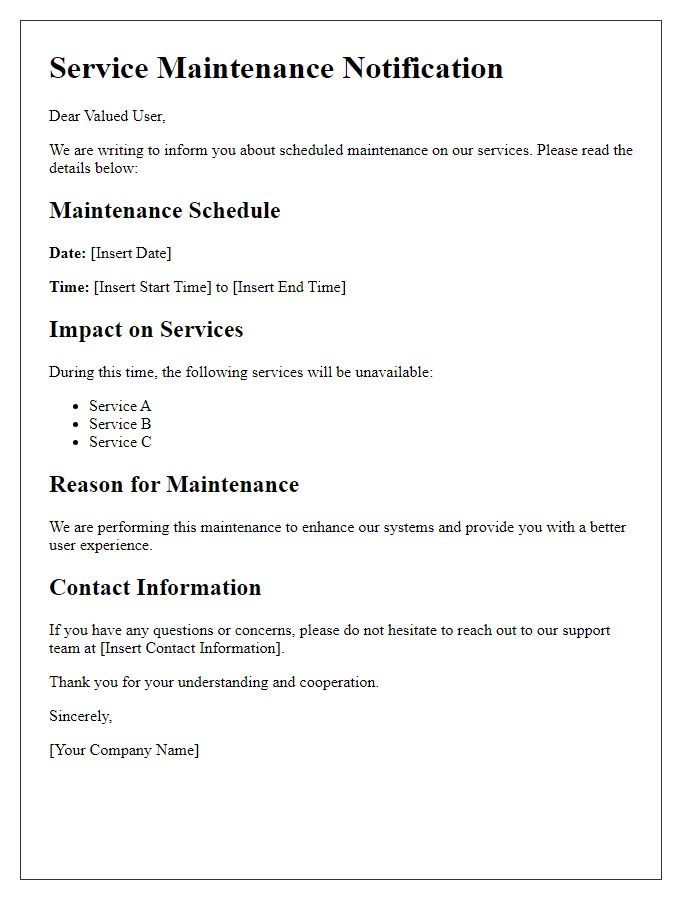 Letter template of service maintenance information for users