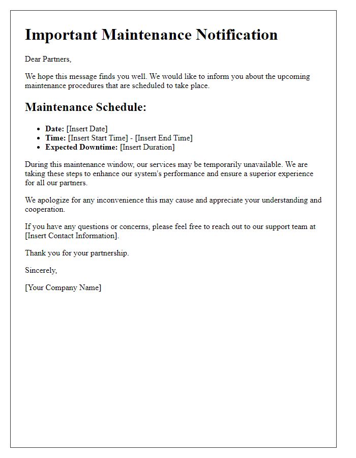 Letter template of upcoming maintenance procedures for partners