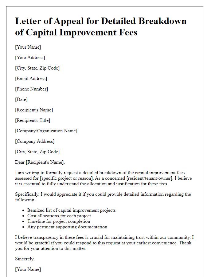 Letter template of appeal for detailed breakdown of capital improvement fees