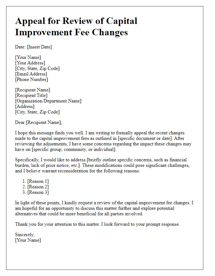 Letter template of appeal for review of capital improvement fee changes