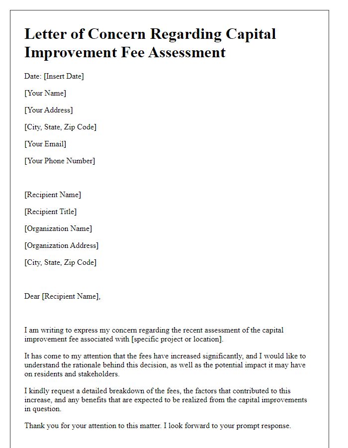 Letter template of concern about capital improvement fee assessment