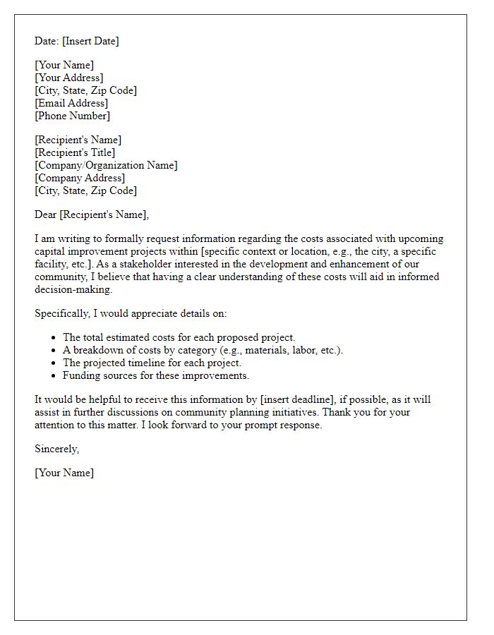 Letter template of formal request for information on capital improvement costs