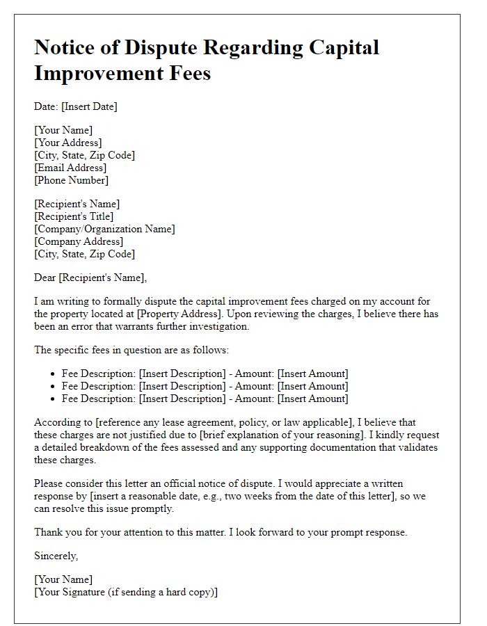 Letter template of notice for dispute over capital improvement fees