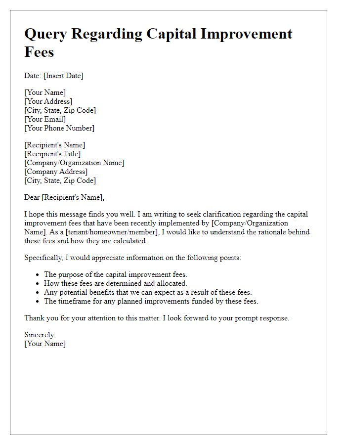 Letter template of query about the rationale behind capital improvement fees