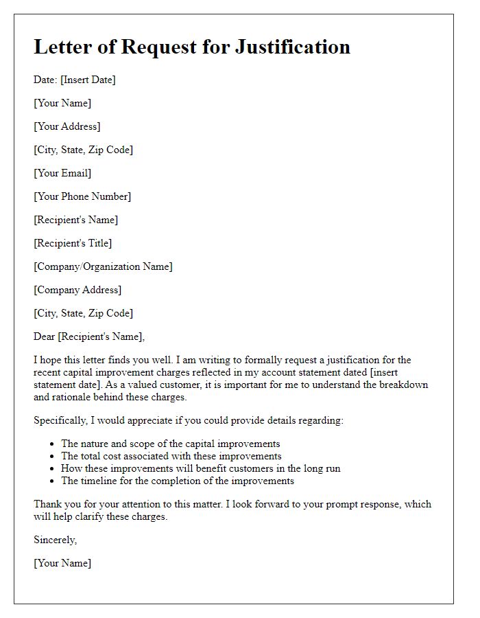 Letter template of request for justification on recent capital improvement charges