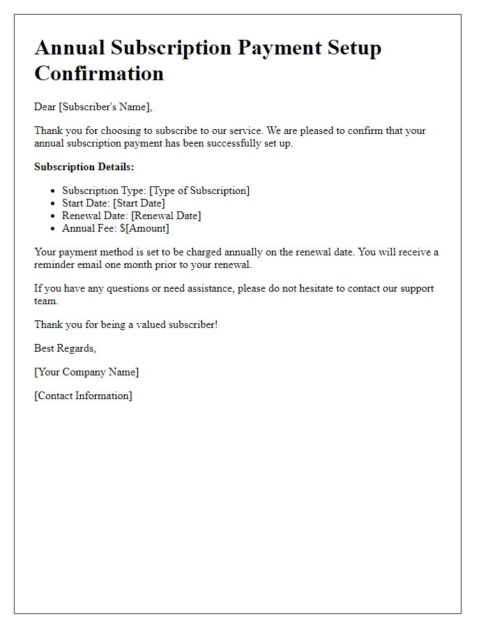 Letter template of annual subscription payment setup