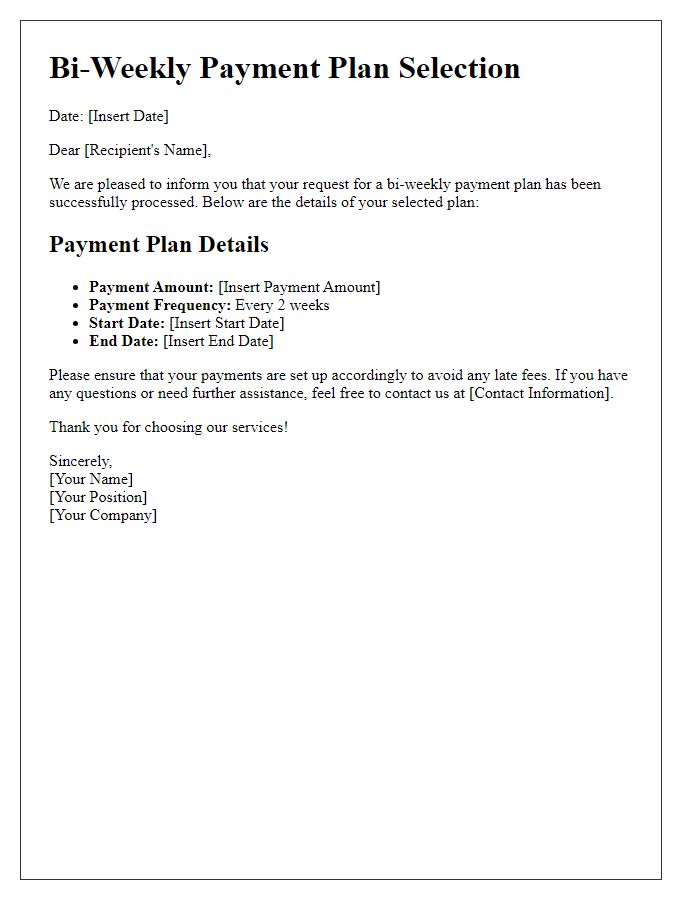 Letter template of bi-weekly payment plan selection