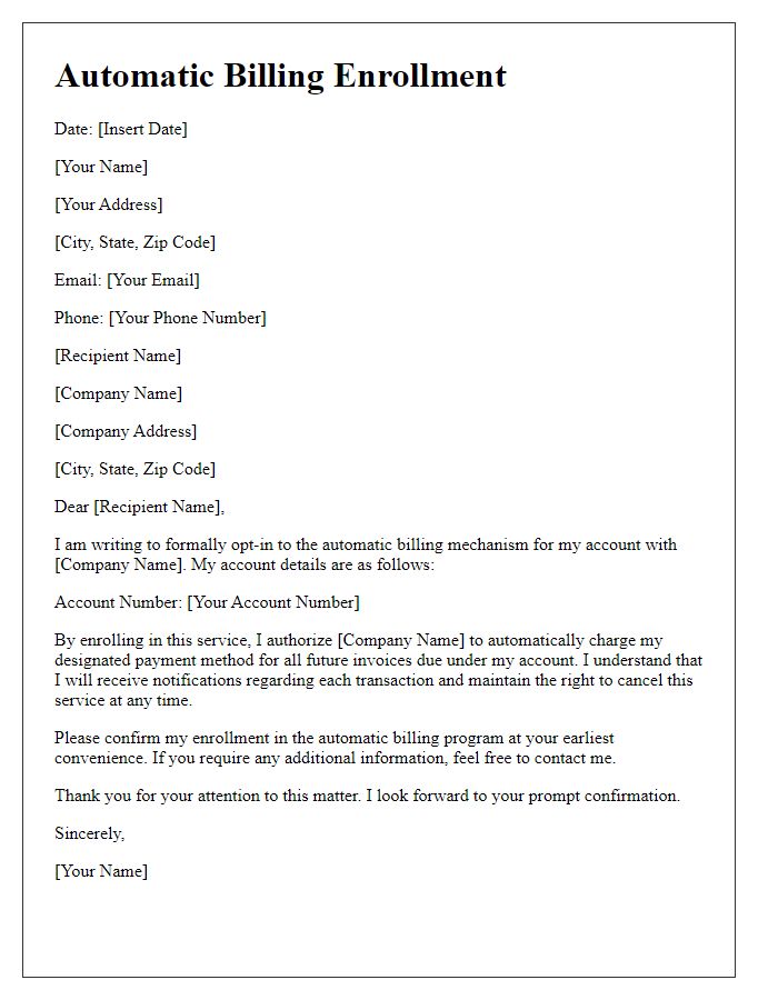 Letter template of opting for automatic billing mechanism