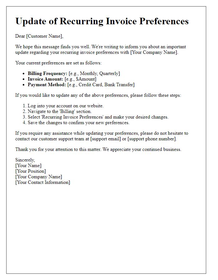 Letter template of recurring invoice preference update